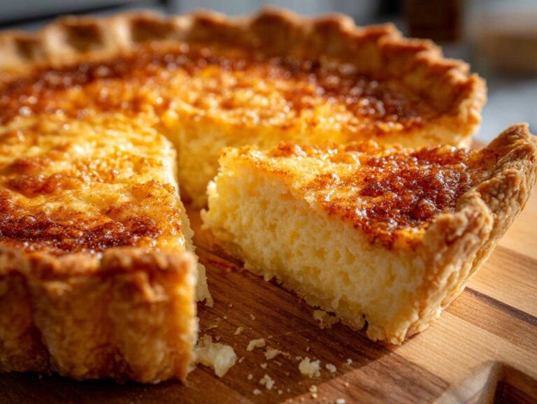 Close-up of a slice of creamy buttermilk pie with a beautifully browned top, resting on a wooden board.
