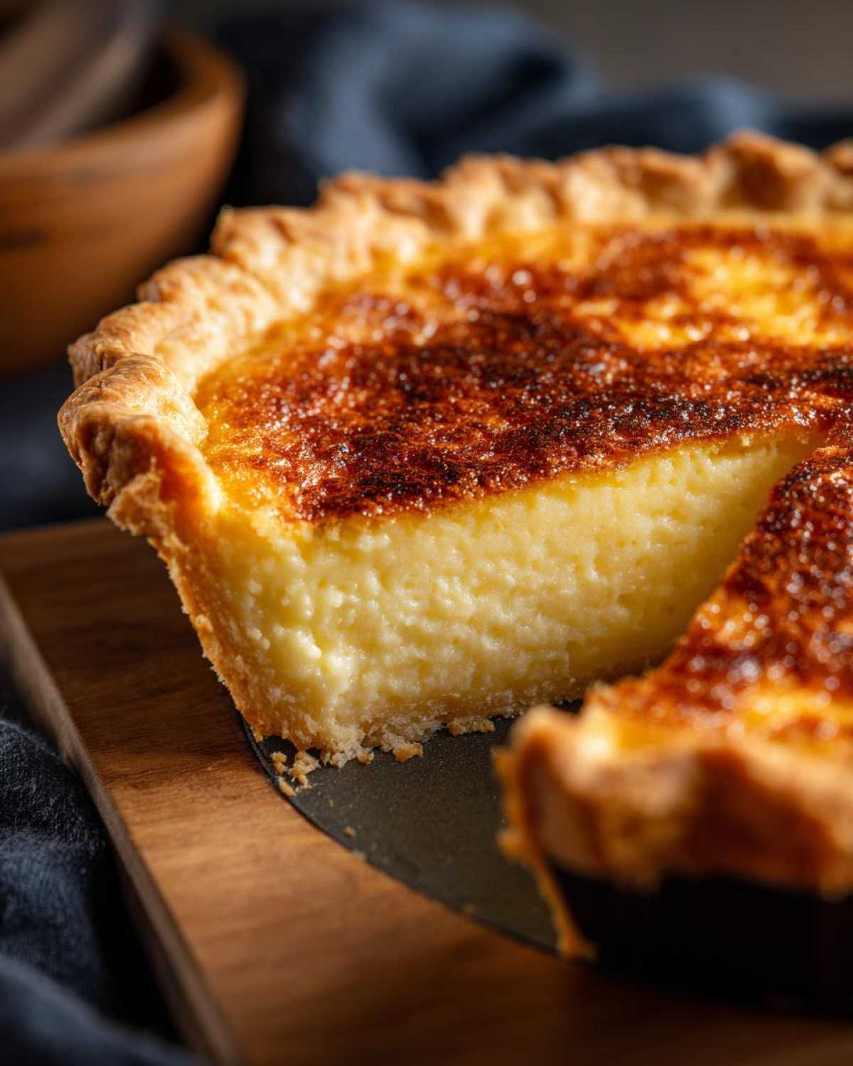 Close-up of a slice being lifted from an amazing buttermilk pie, showing the creamy yellow custard and deeply browned top.