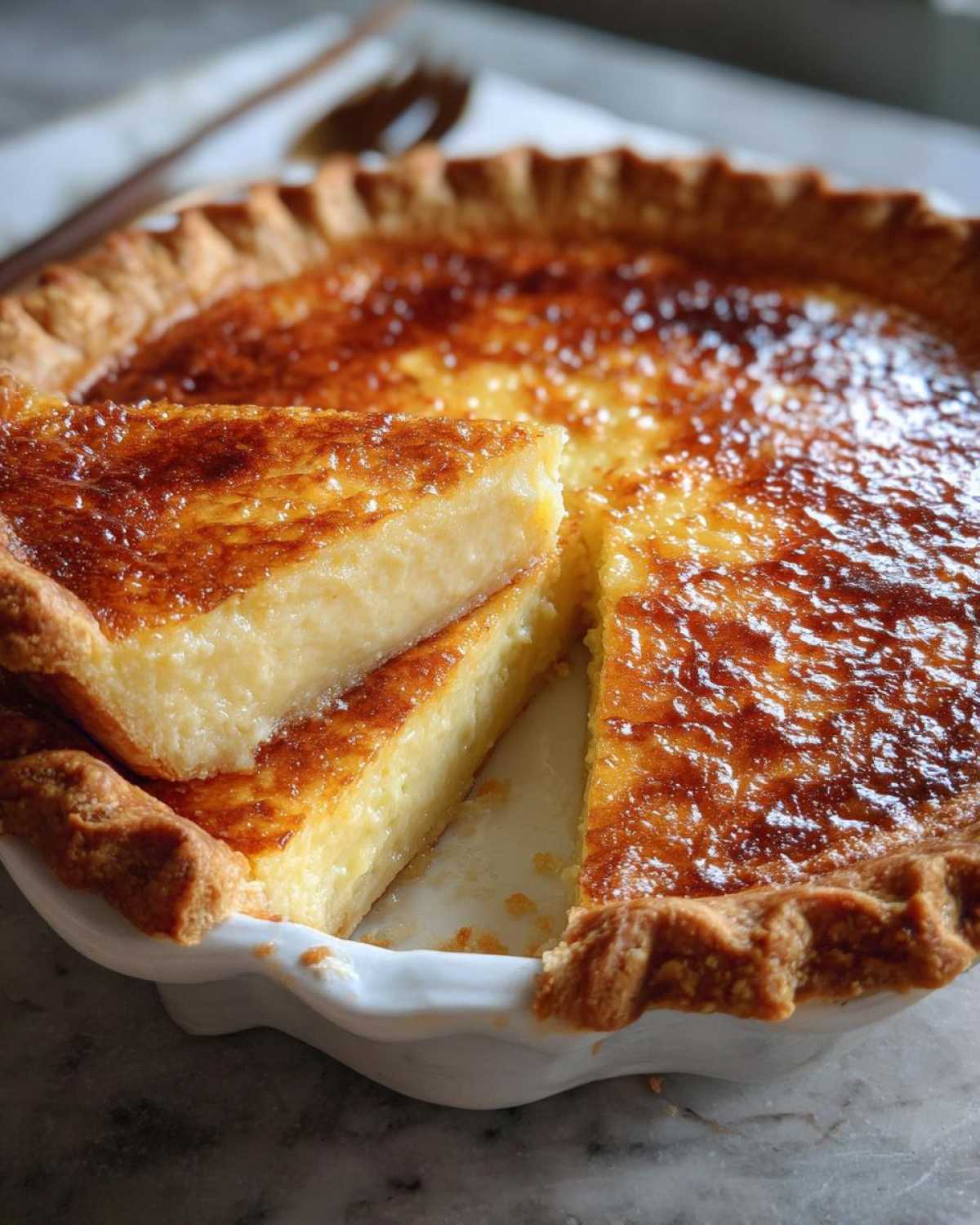 A close-up of a golden-brown buttermilk pie in a white dish, with two creamy slices stacked on top of the remaining pie.