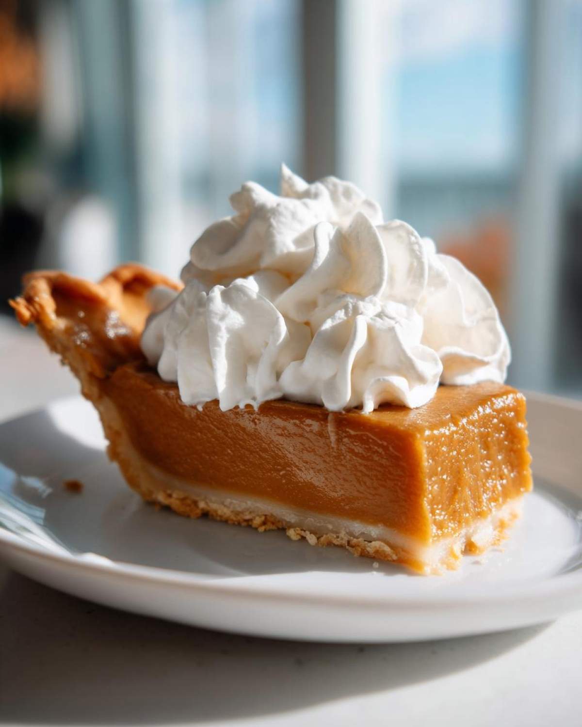 A close-up of a perfect slice of amazing butterscotch pie topped generously with whipped cream.