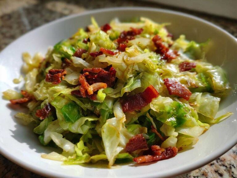A close-up of a white bowl filled with sautéed cabbage and crispy bacon pieces, showcasing this amazing cabbage recipe.