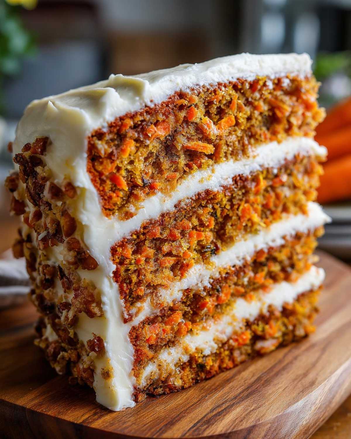 Close-up of a tall, three-layer slice of amazing carrot cake recipe with thick cream cheese frosting and pecans.