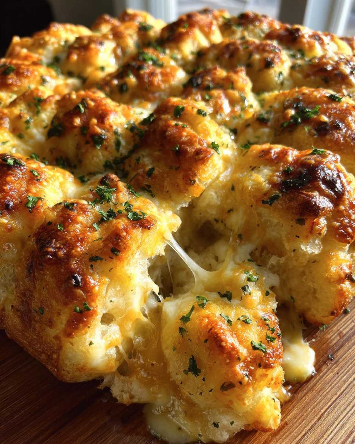 Close-up of cheesy, golden-brown cheese bread with a dramatic cheese pull between torn pieces.