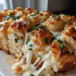 Close-up of gooey, melted cheese pulling apart from baked cheese bread topped with herbs.