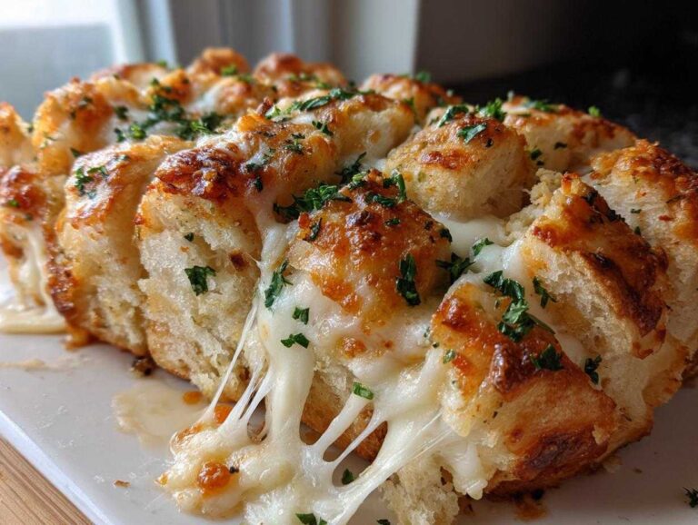Close-up of gooey, melted cheese pulling apart from baked cheese bread topped with herbs.