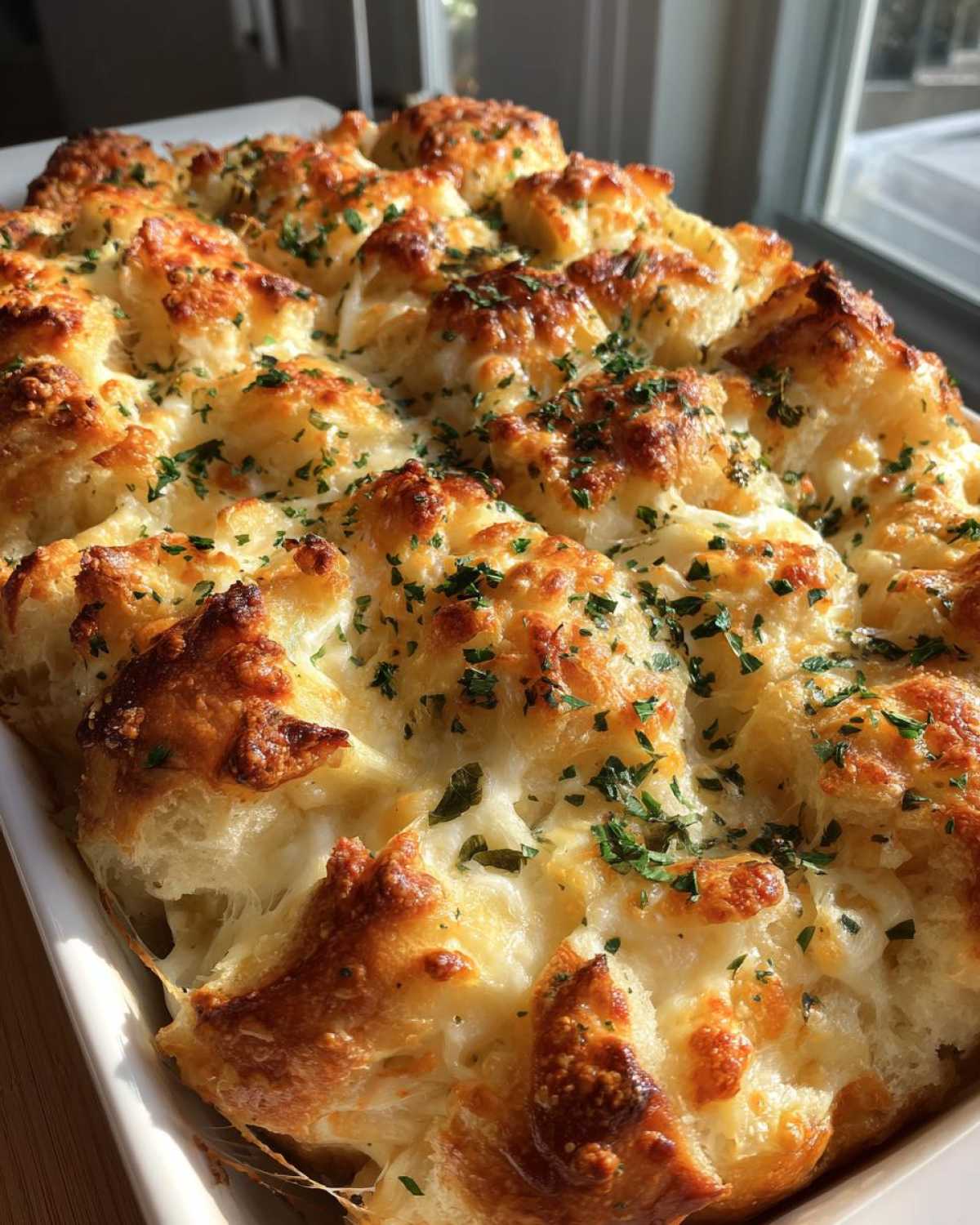 Close-up of freshly baked, gooey cheese bread with browned tops and fresh parsley garnish.