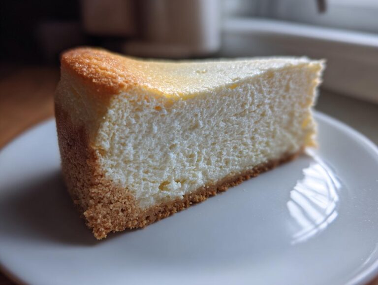 A close-up, featured image of a thick slice of creamy baked cheesecake recipe on a white plate.