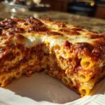 Close-up of a thick slice of cheesy pasta bake showing layers of rigatoni pasta, meat sauce, and a bubbly, browned cheese topping.
