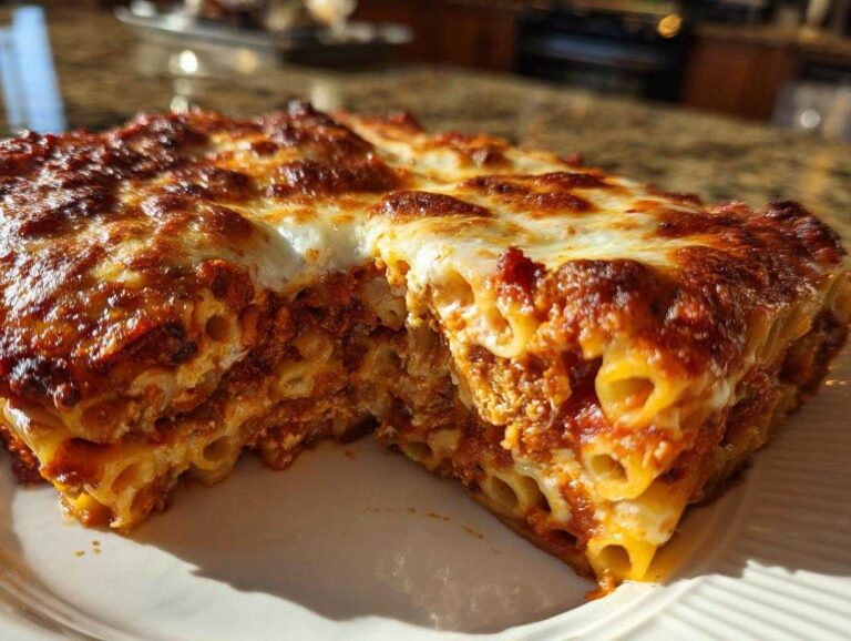 Close-up of a thick slice of cheesy pasta bake showing layers of rigatoni pasta, meat sauce, and a bubbly, browned cheese topping.