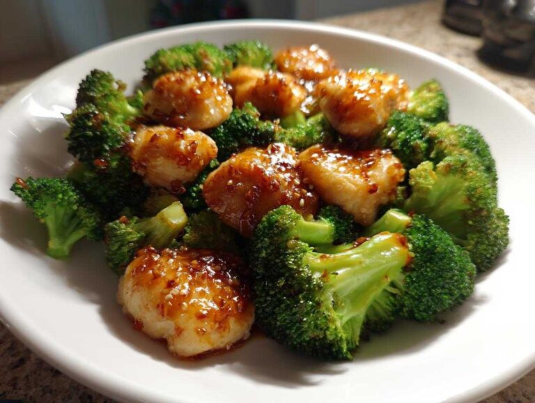Close-up of glossy, sauced chicken pieces mixed with bright green broccoli florets in a white bowl.