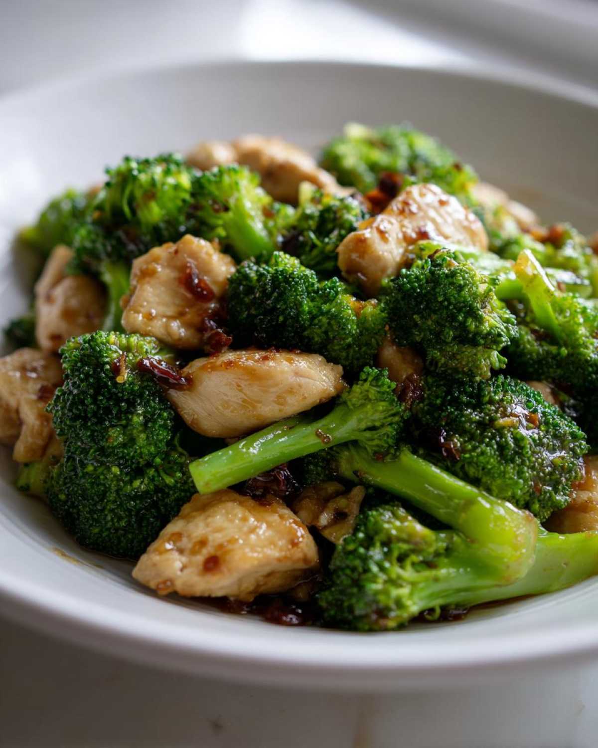 Close-up of tender pieces of chicken and bright green broccoli florets coated in a savory sauce, representing amazing chicken and broccoli.