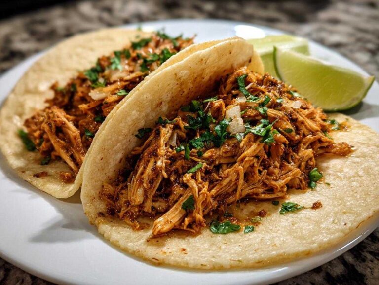 Two delicious chicken tacos filled with shredded seasoned chicken, topped with cilantro and onion, served with lime wedges.