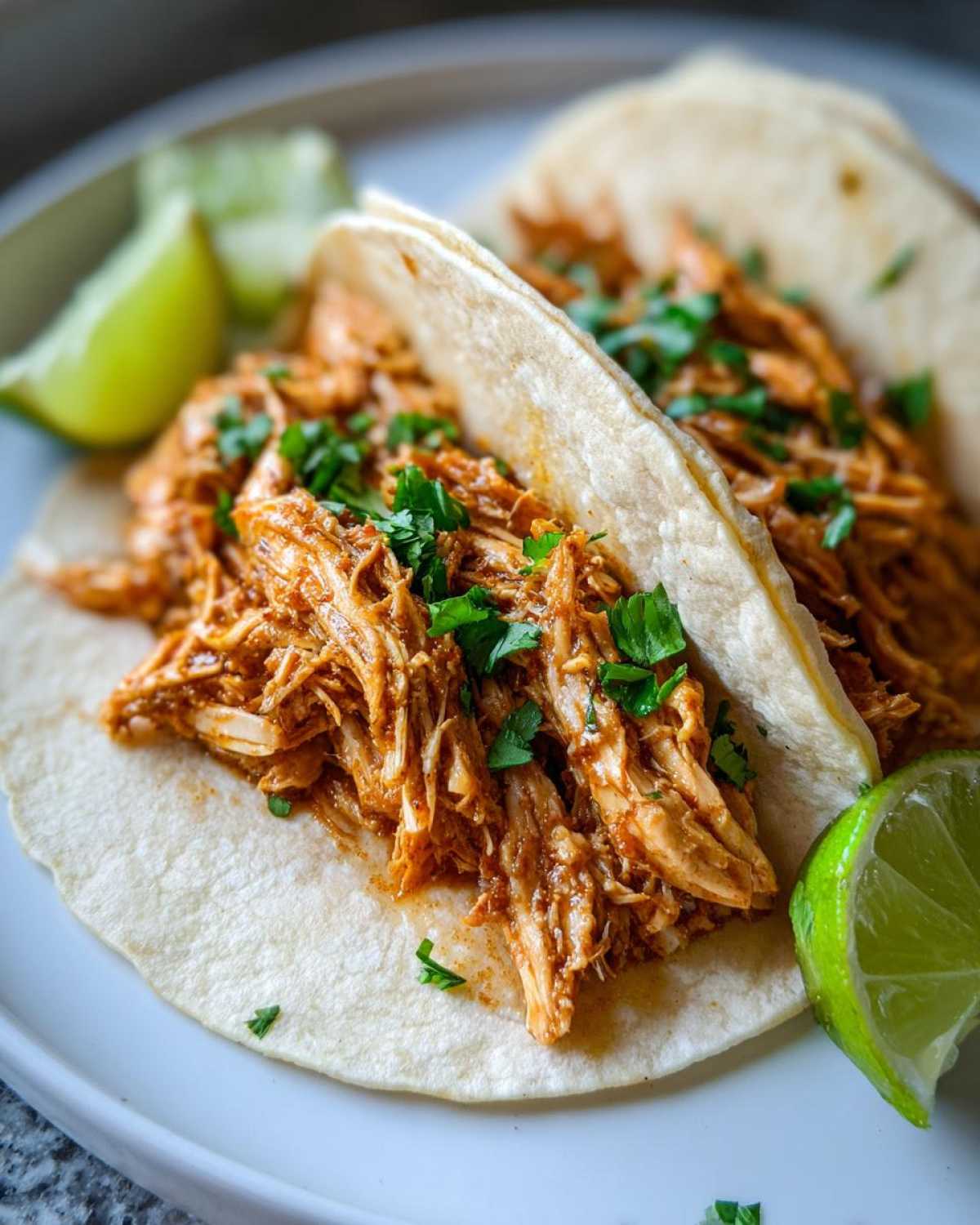 Close-up of two soft tortilla chicken tacos filled with shredded seasoned chicken and topped with fresh cilantro, served with lime wedges.