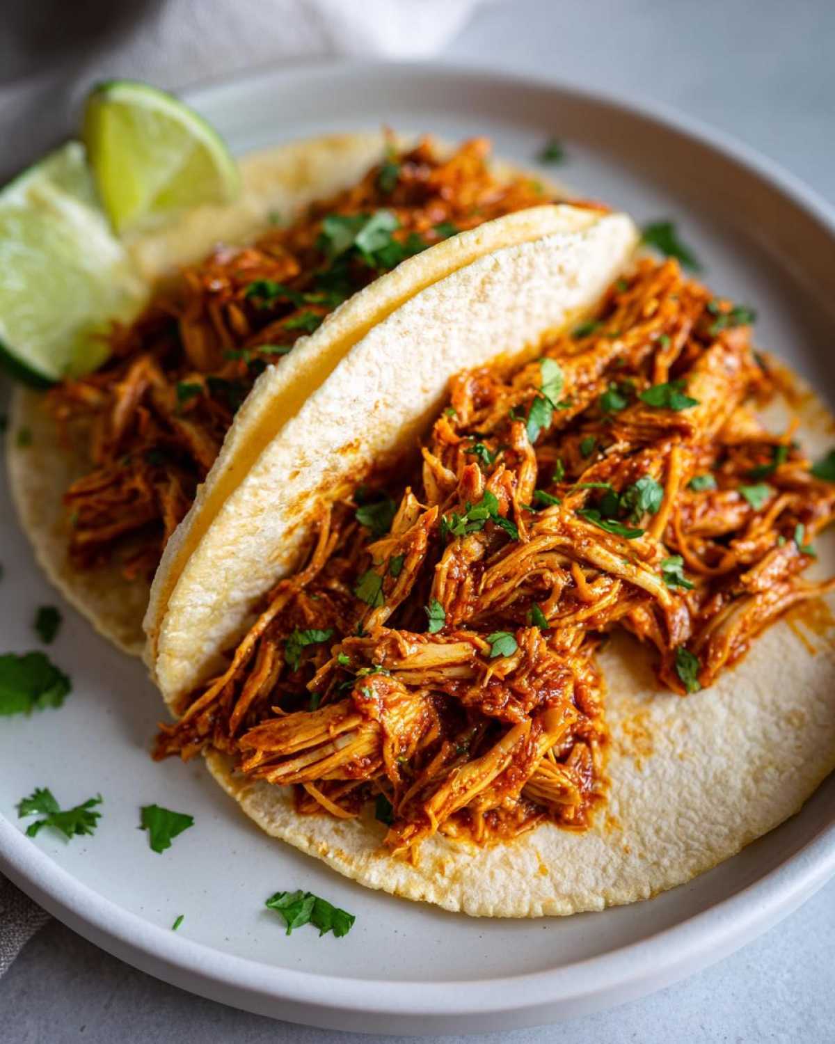Two soft corn tortillas filled with saucy shredded chicken for amazing chicken tacos, garnished with cilantro and lime.