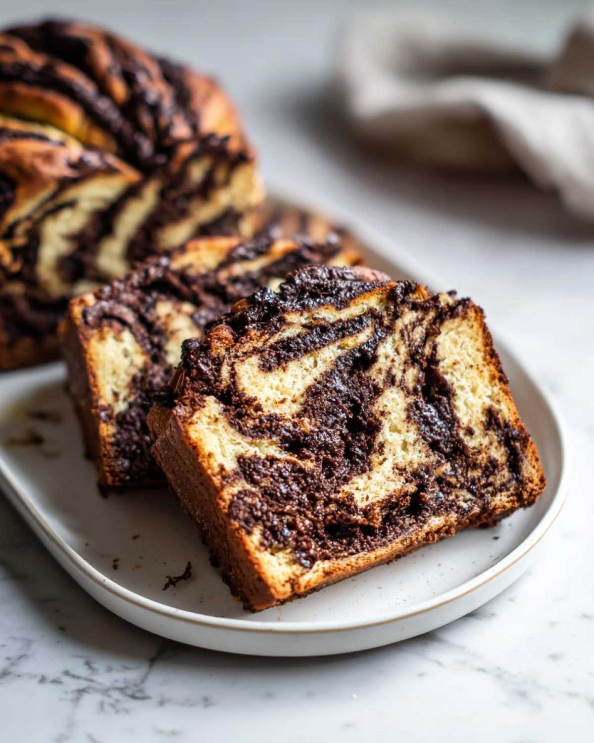 Close-up of two thick slices of chocolate babka showing rich, swirled layers of dough and dark chocolate filling.
