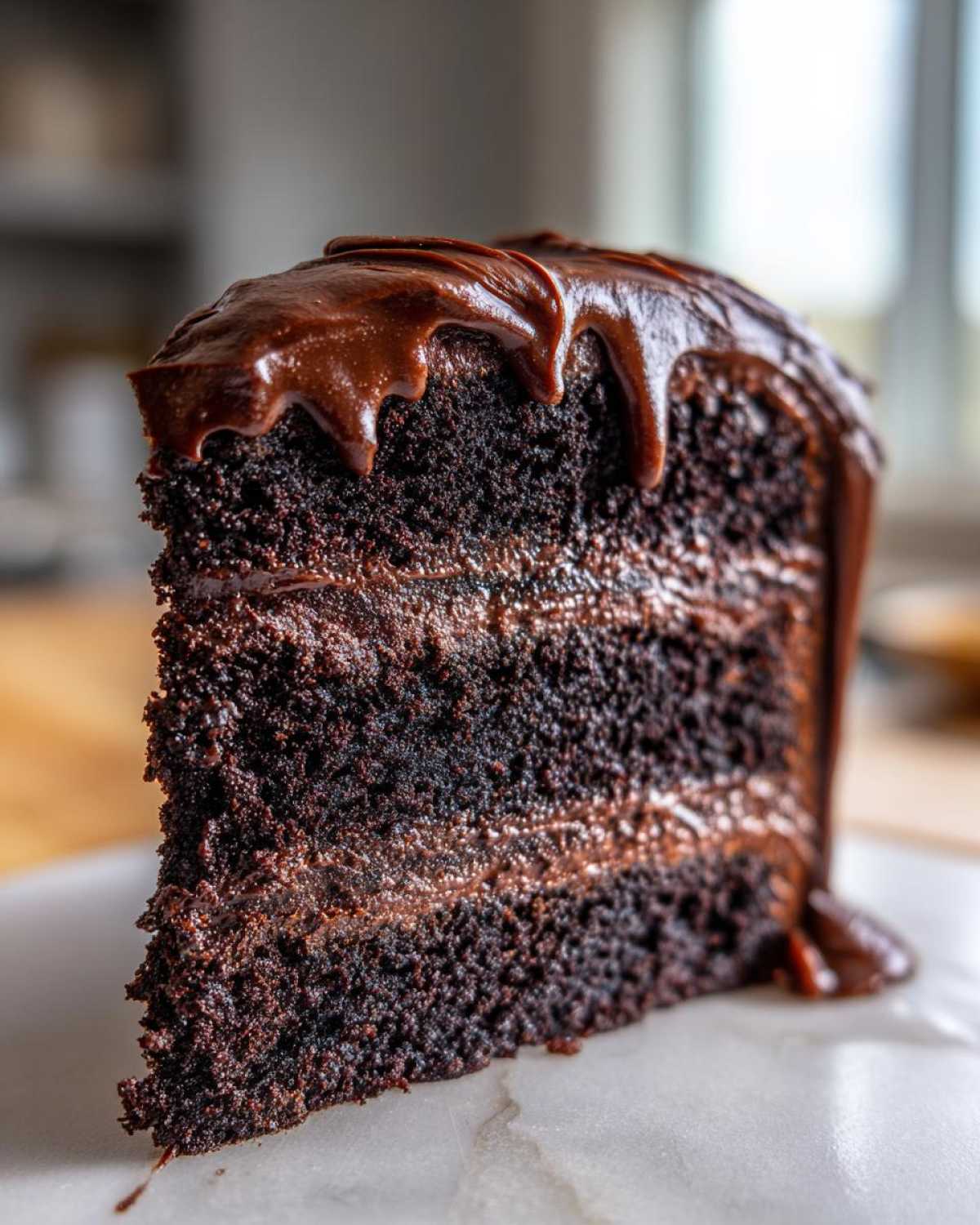 Close-up of a moist slice of three-layer chocolate fudge cake with rich chocolate frosting dripping down the side.