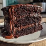 A tall slice of rich, dark chocolate fudge cake with thick fudge frosting dripping down the side.