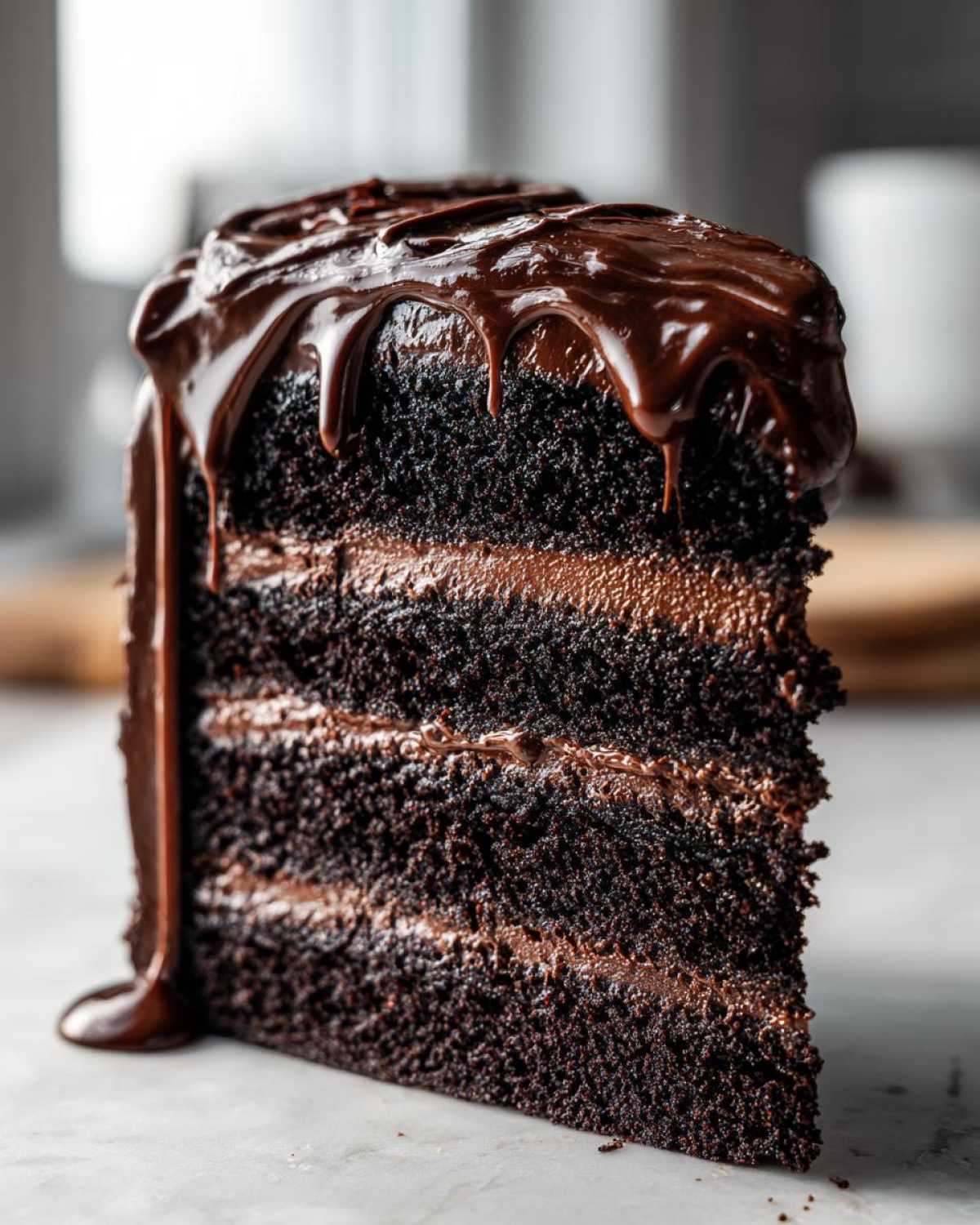 Close-up of a tall slice of rich chocolate fudge cake with thick layers and glossy chocolate ganache dripping down the side.