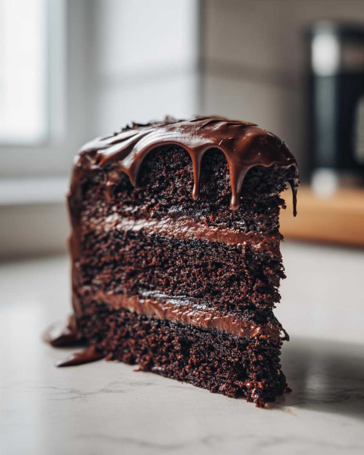 A tall, moist slice of chocolate fudge cake with three layers and rich chocolate frosting dripping down the sides.