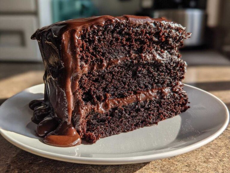 A tall slice of rich, dark chocolate fudge cake with thick fudge frosting dripping down the side.