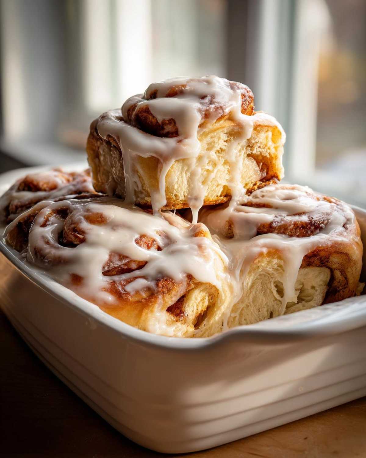 A stack of fluffy, freshly baked cinnamon roll treats generously covered in dripping white icing.