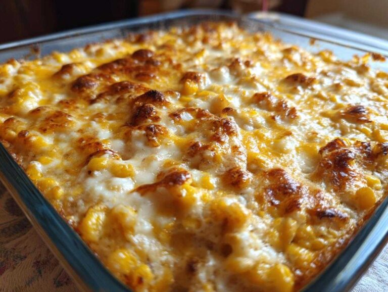 Close-up of baked corn dip with cream cheese, featuring golden brown, bubbly cheese topping.