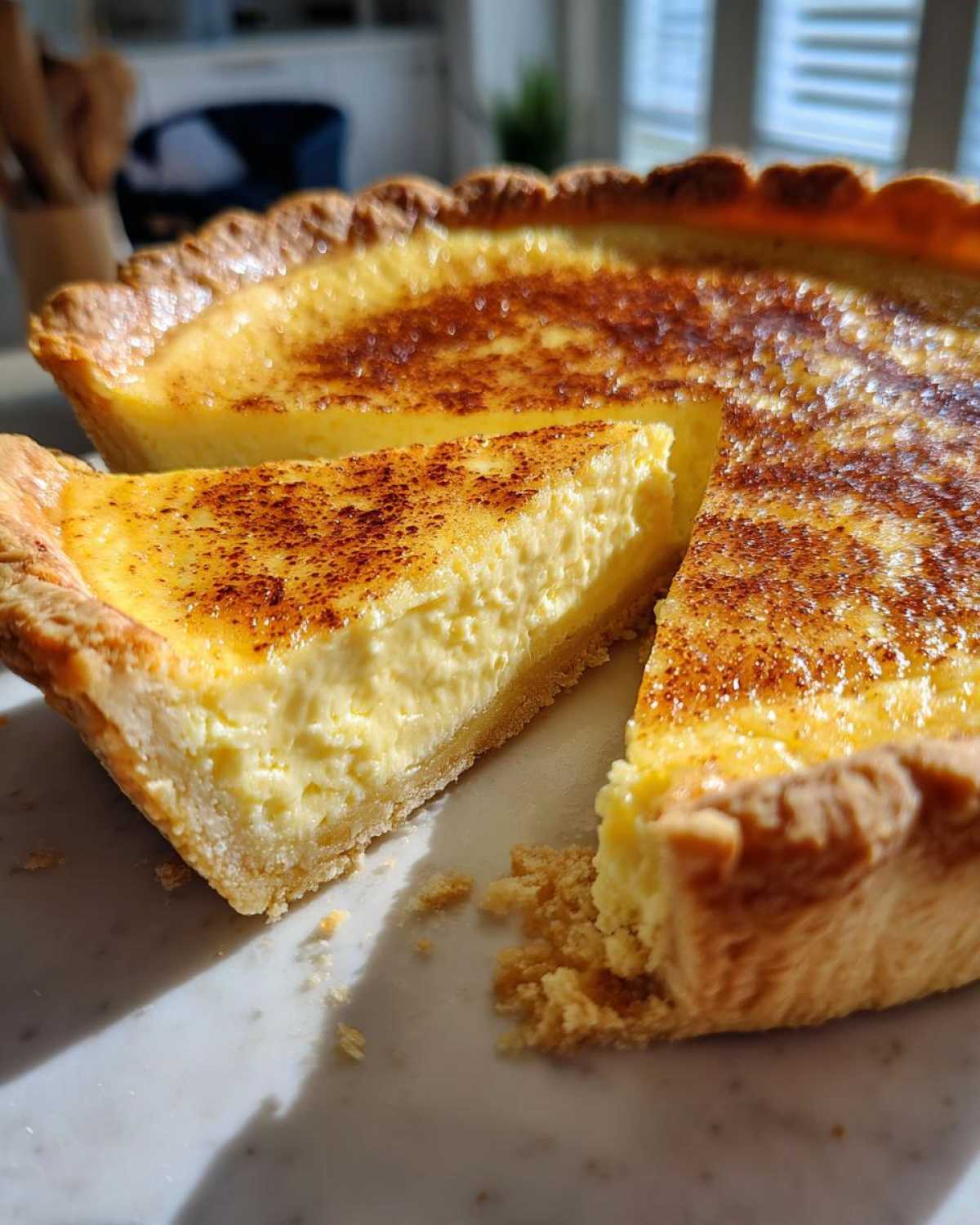 A close-up of a rich, creamy custard pie with a slice removed, dusted with cinnamon.