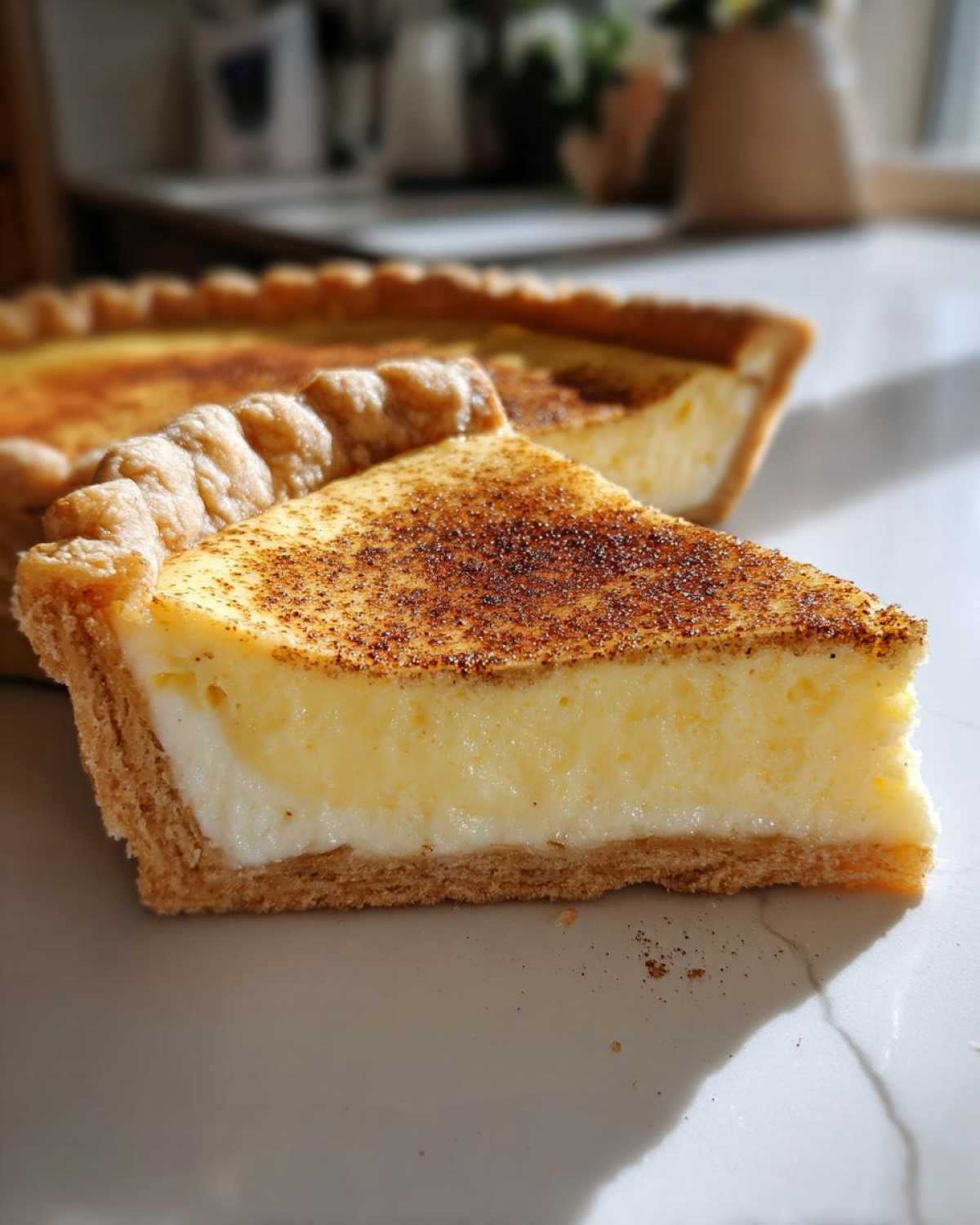 A close-up slice of amazing custard pie showing a thick, creamy filling and a golden crust, dusted with cinnamon.