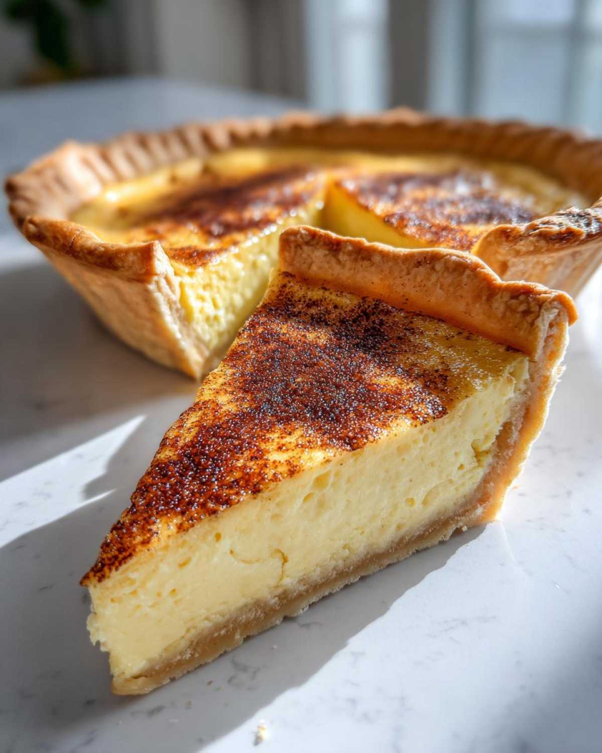 A close-up slice of amazing custard pie showing the creamy filling and browned cinnamon top, with the rest of the pie in the background.