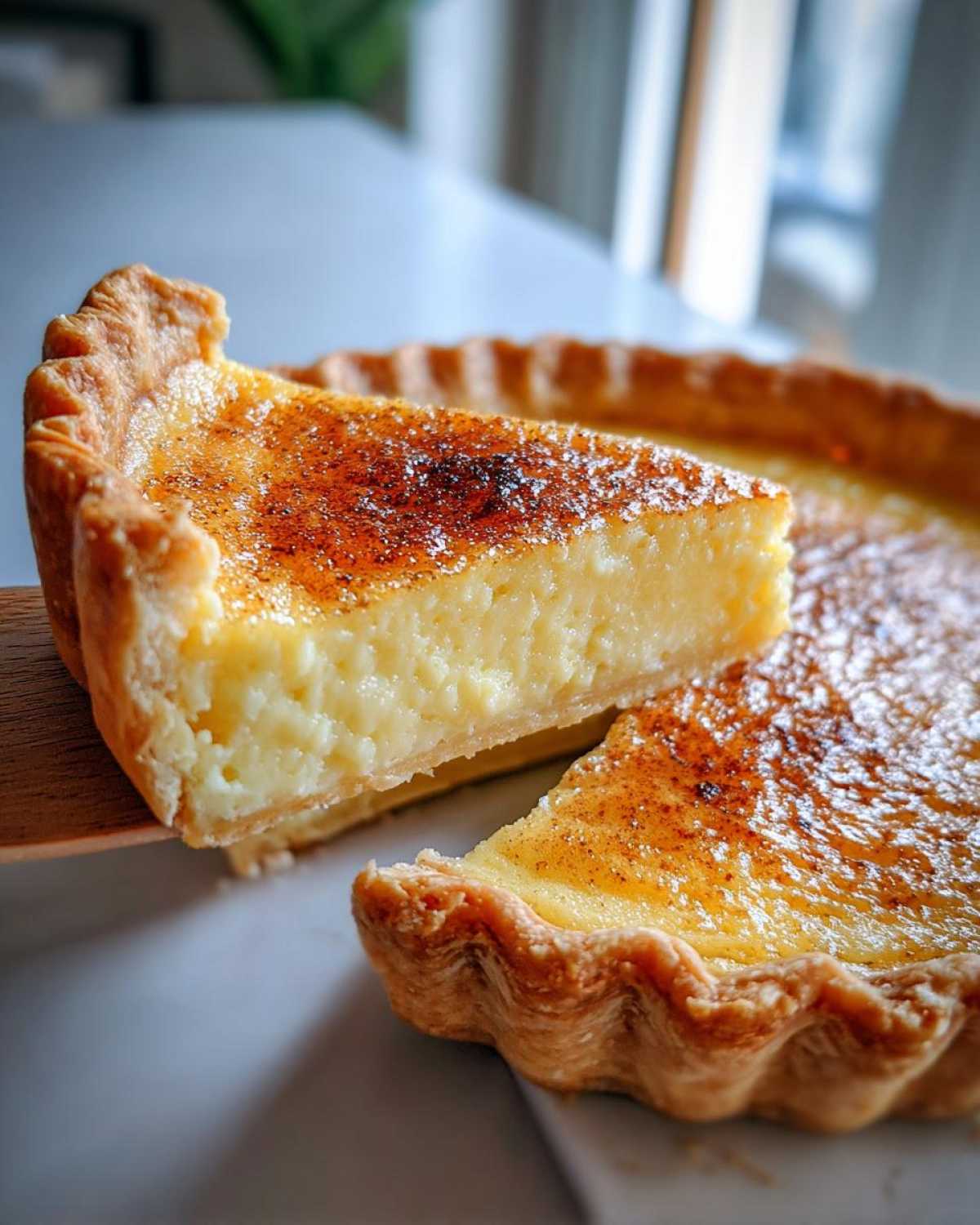 A close-up shows a slice of creamy custard pie being lifted from the whole pie, featuring a golden, torched sugar top.