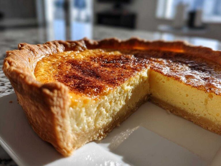 Close-up of a rich, creamy custard pie with a browned, spiced top and a thick crust, with one slice removed.
