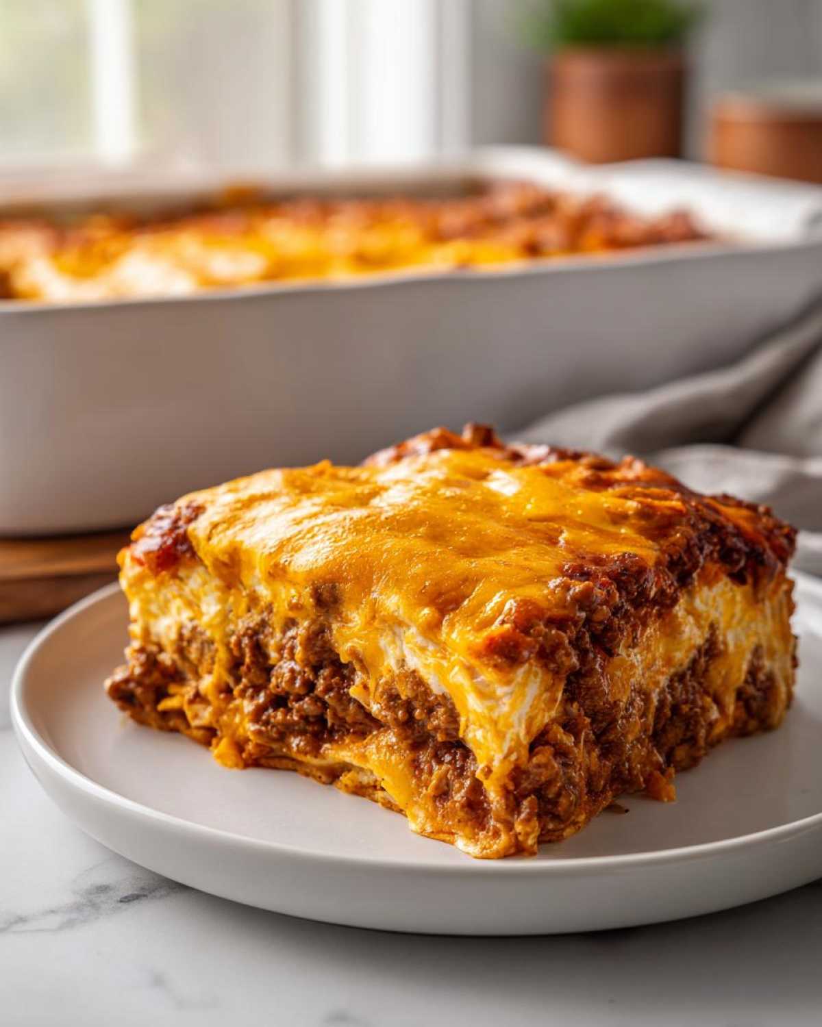 A thick slice of Amazing Dorito Casserole layered with meat and topped with melted cheddar cheese on a white plate.