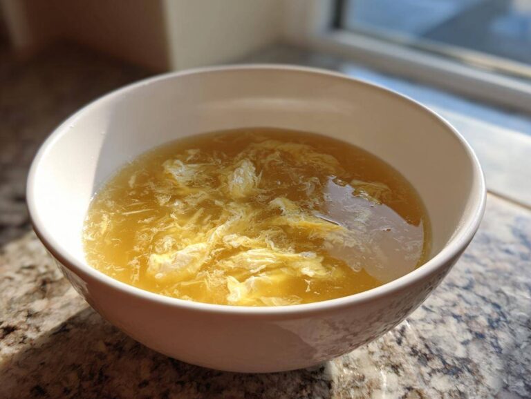 A white bowl filled with golden broth and delicate ribbons of cooked egg in this amazing egg drop soup.
