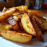 Close-up of perfectly golden brown, crispy fried potatoes wedges mixed with sautéed onions served on a white plate.