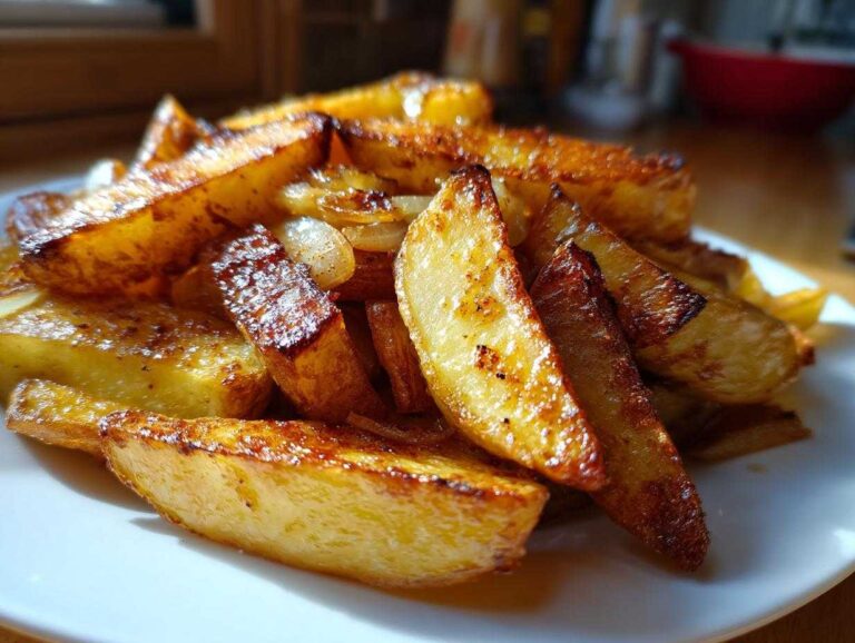 Close-up of perfectly golden brown, crispy fried potatoes wedges mixed with sautéed onions served on a white plate.