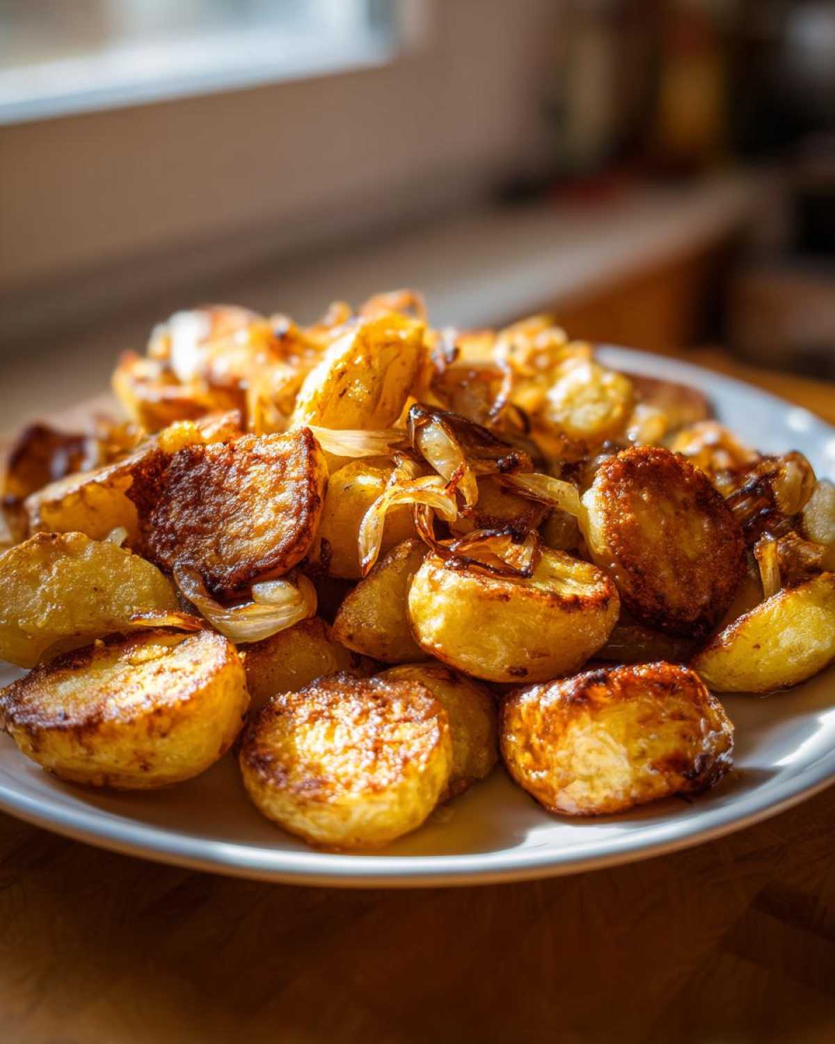 A plate piled high with perfectly golden brown fried potatoes mixed with caramelized onions.