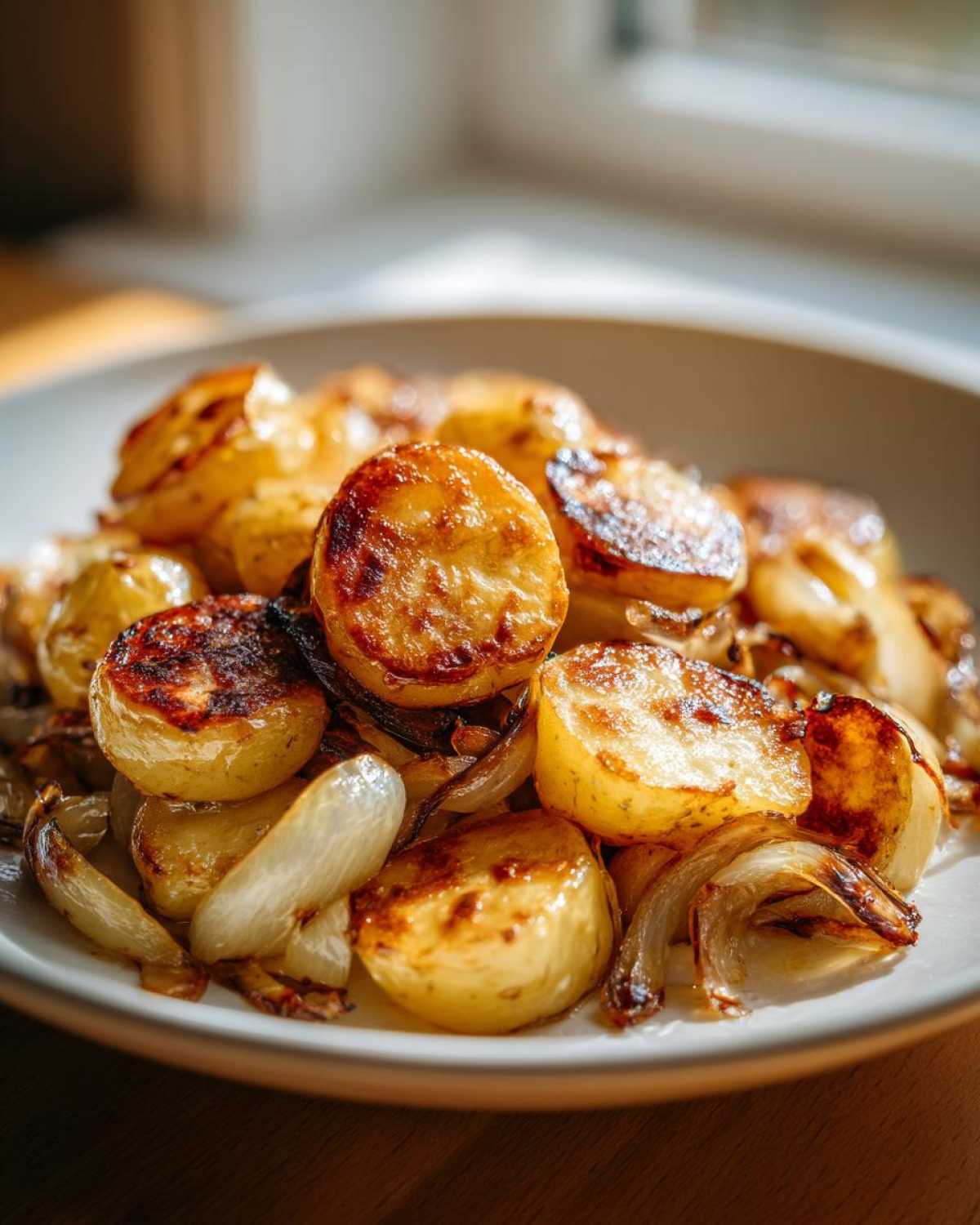 Close-up of golden brown, perfectly seared fried potatoes mixed with caramelized onions served on a white plate.
