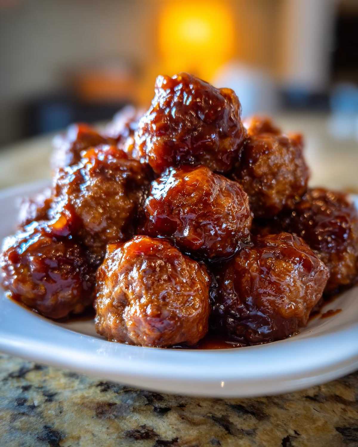 Close-up of a pile of savory Grape jelly meatballs coated in a thick, glossy brown sauce.