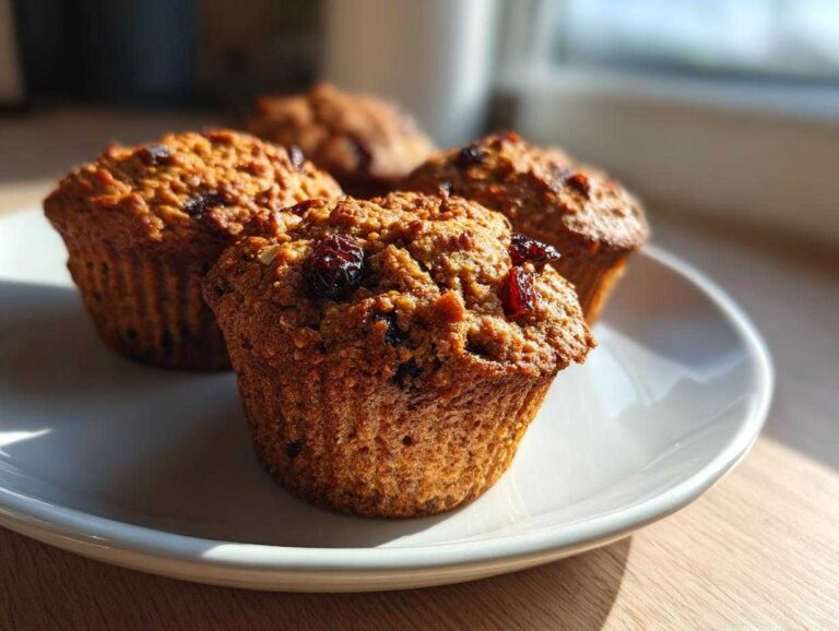 Close-up of four golden brown honey bran muffins topped with dried cranberries on a white plate.