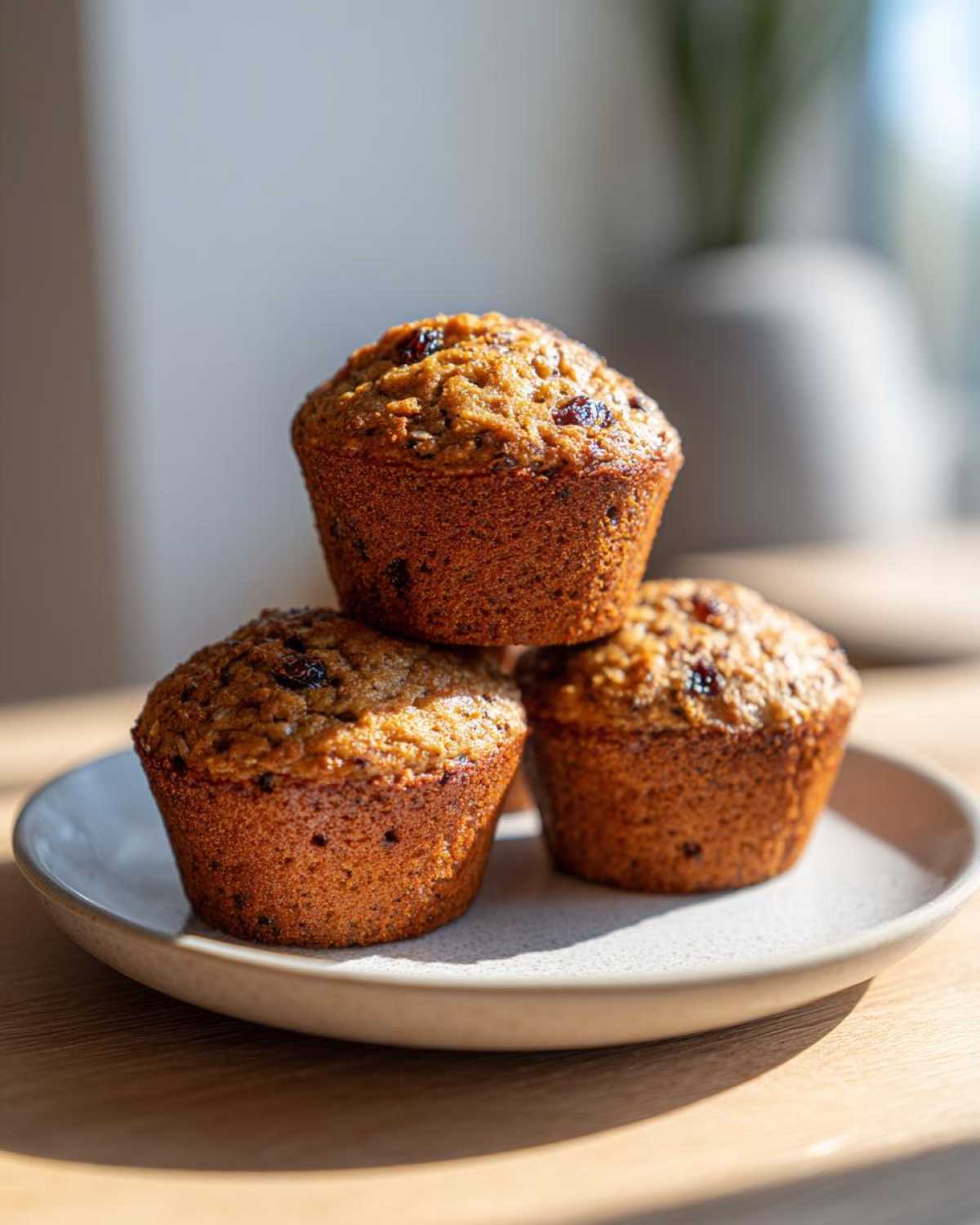 Three freshly baked, golden brown honey bran muffins stacked on a light ceramic plate in bright sunlight.