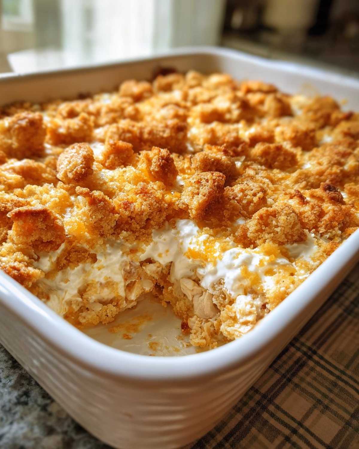 A close-up of a creamy, baked hot chicken salad casserole with a golden, crunchy topping in a white dish.