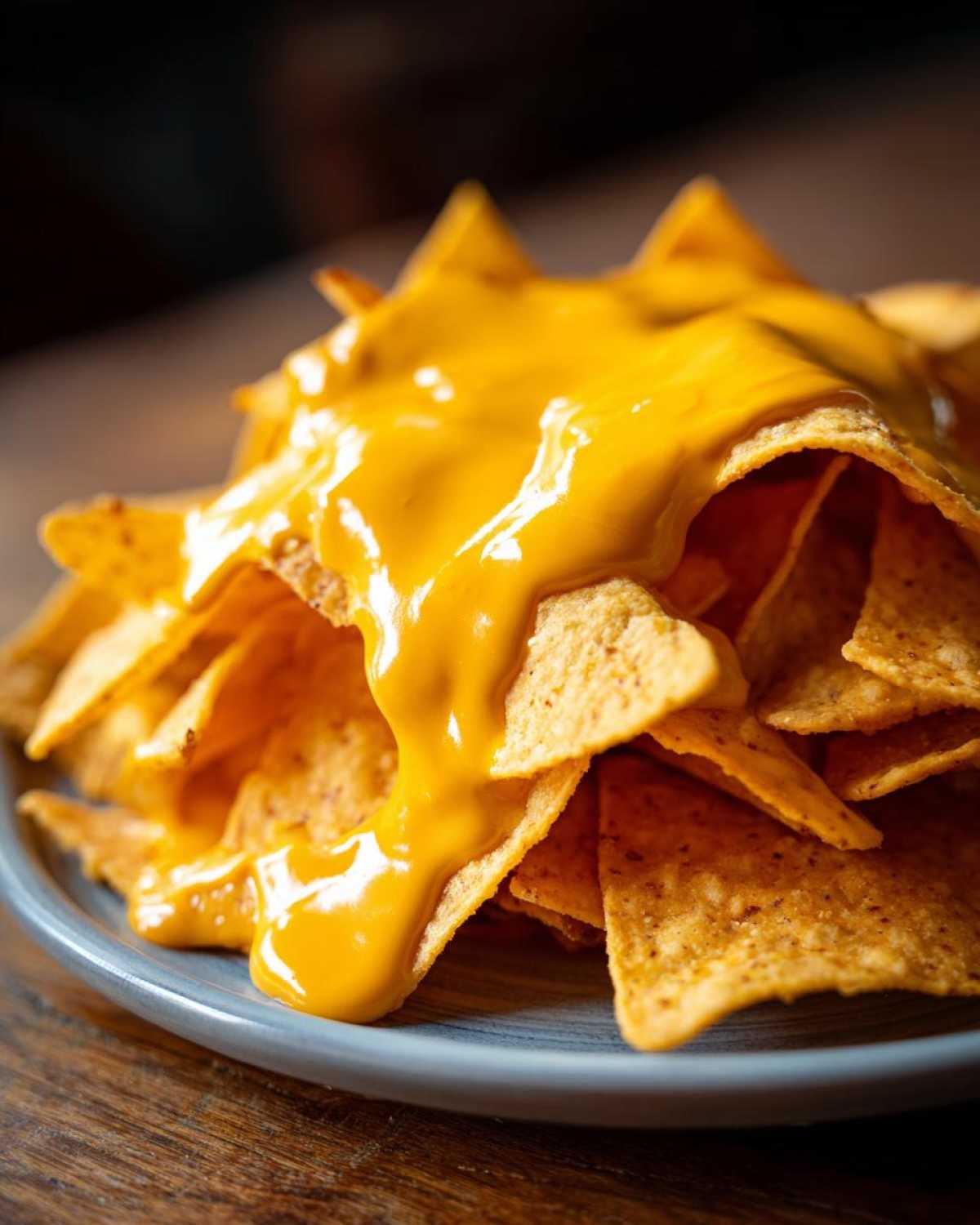 Close-up of tortilla chips generously covered in bright, smooth homemade nacho cheese sauce.