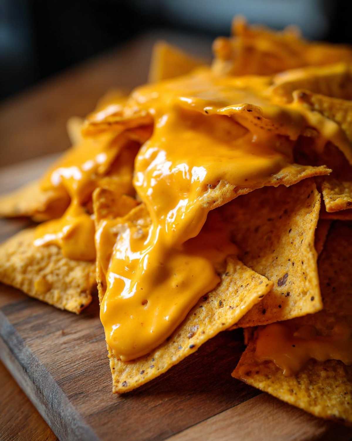 Close-up of tortilla chips smothered in rich, smooth nacho cheese sauce.