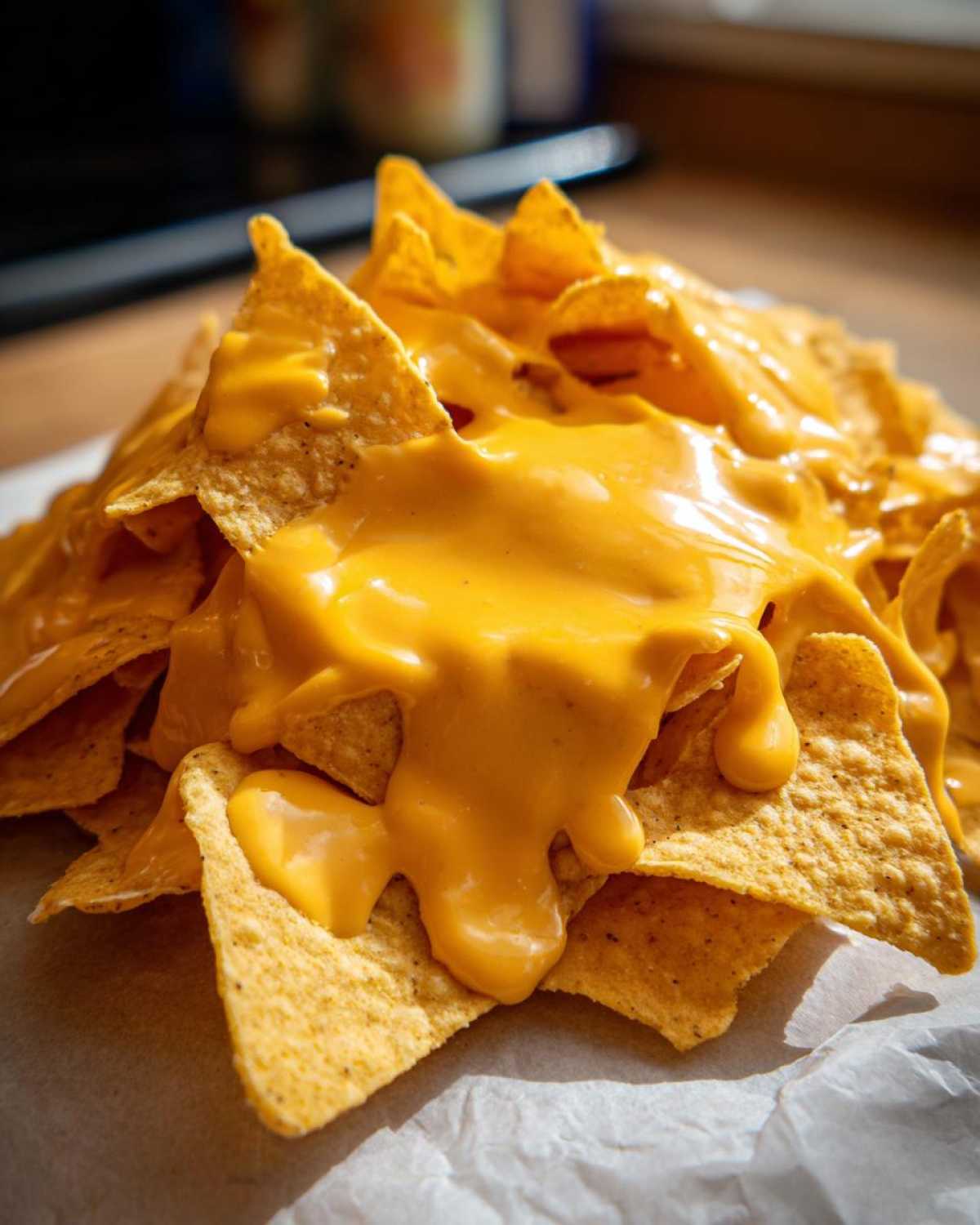 Close-up of tortilla chips generously covered in thick, bright orange homemade nacho cheese sauce.