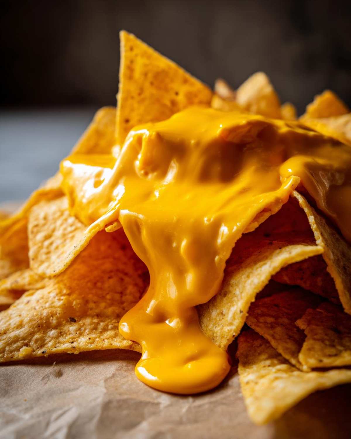 A close-up shot of crispy tortilla chips generously covered in thick, melted nacho cheese sauce.