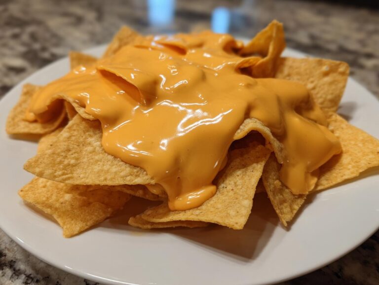 Close-up of tortilla chips generously covered with smooth, bright orange nacho cheese sauce on a white plate.