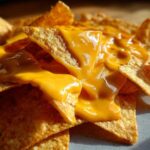 Close-up of tortilla chips smothered in bright, glossy homemade nacho cheese sauce.