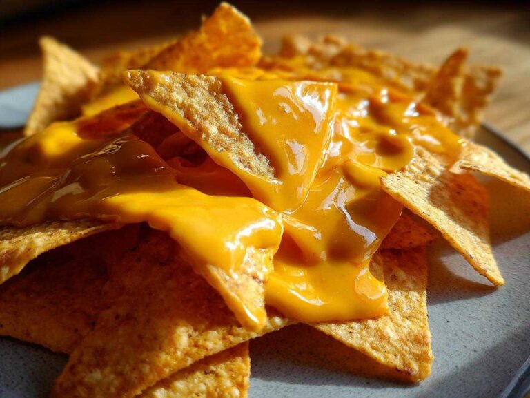 Close-up of tortilla chips smothered in bright, glossy homemade nacho cheese sauce.
