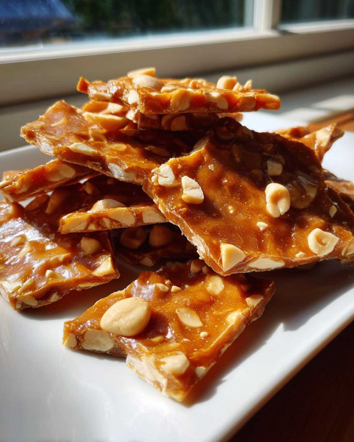 Close-up of broken, golden-brown pieces of crunchy peanut brittle stacked on a white plate.