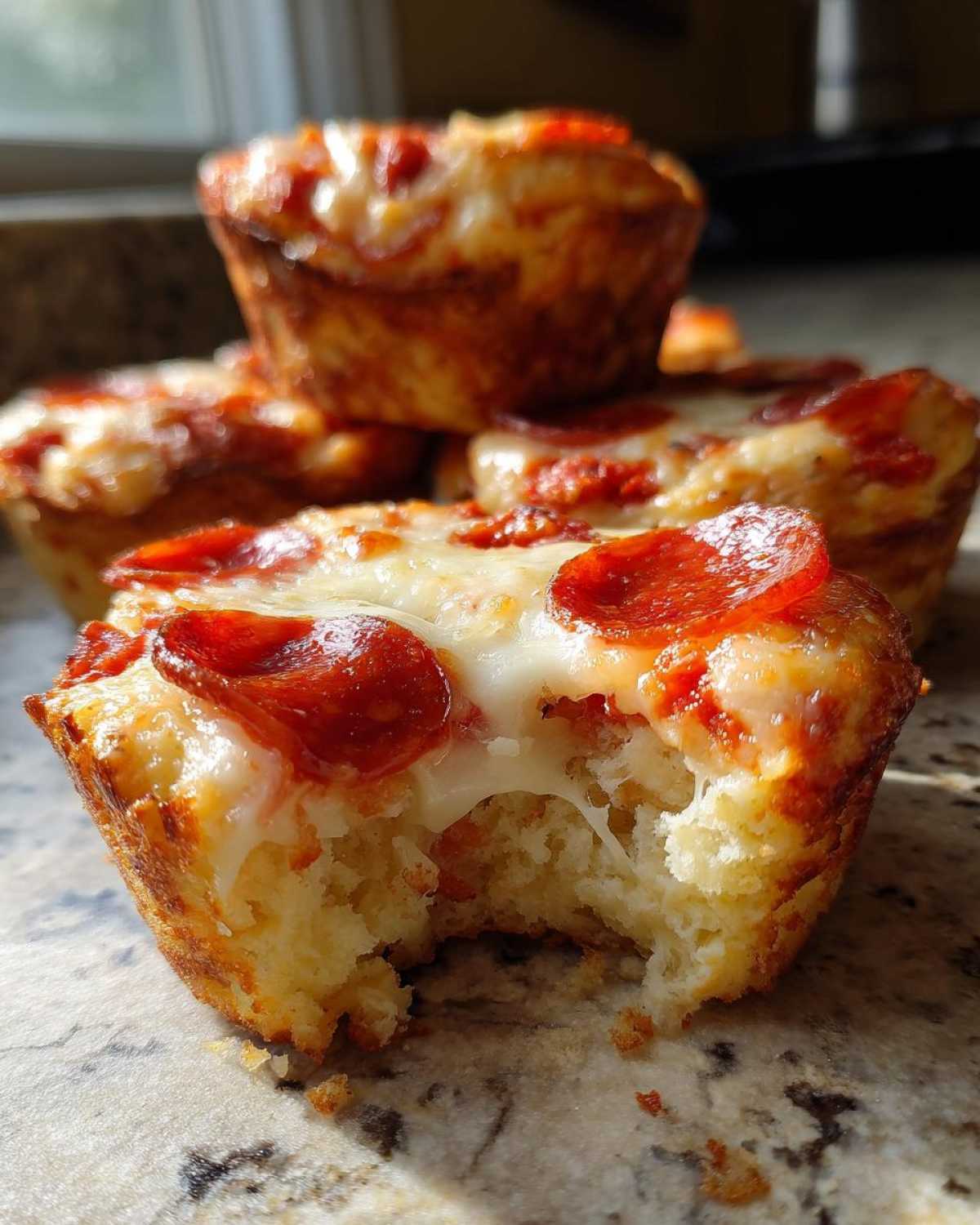 A close-up shot of one of the amazing pizza muffins with a bite taken out, showing gooey cheese and pepperoni.